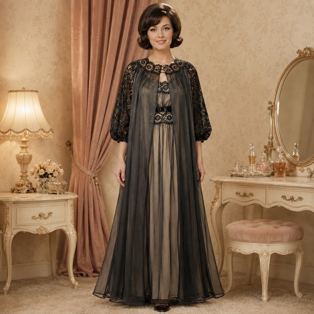 Vtg 60s Vanity Fair Peignoir Set Black Lace Nightgown Robe 38 Sheer 2 Pc Boudoir